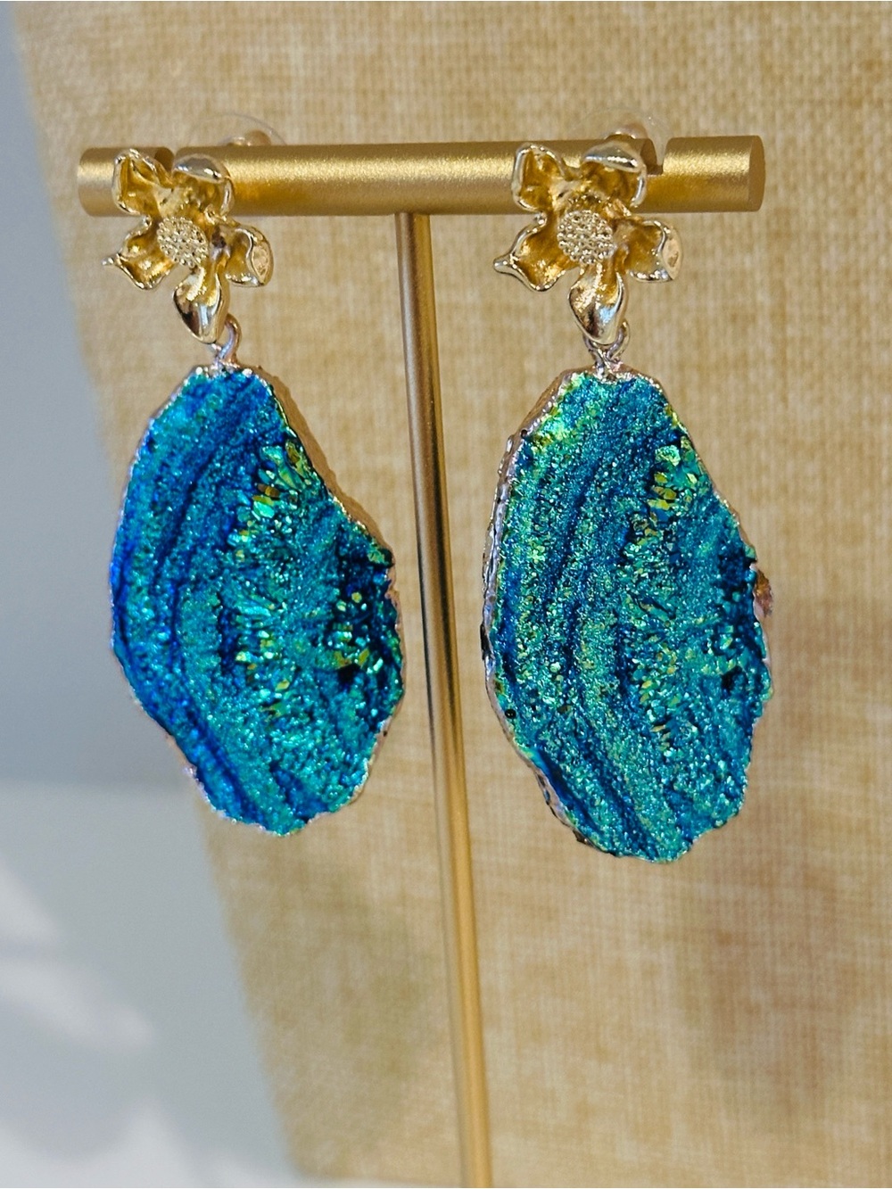 Fashion Jewelry Gold Floral Blue-Green Druzy Drop Earrings